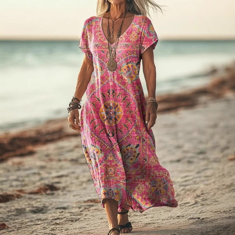 ✨Vestido de mujer con cuello en V y manga corta estampado-ES