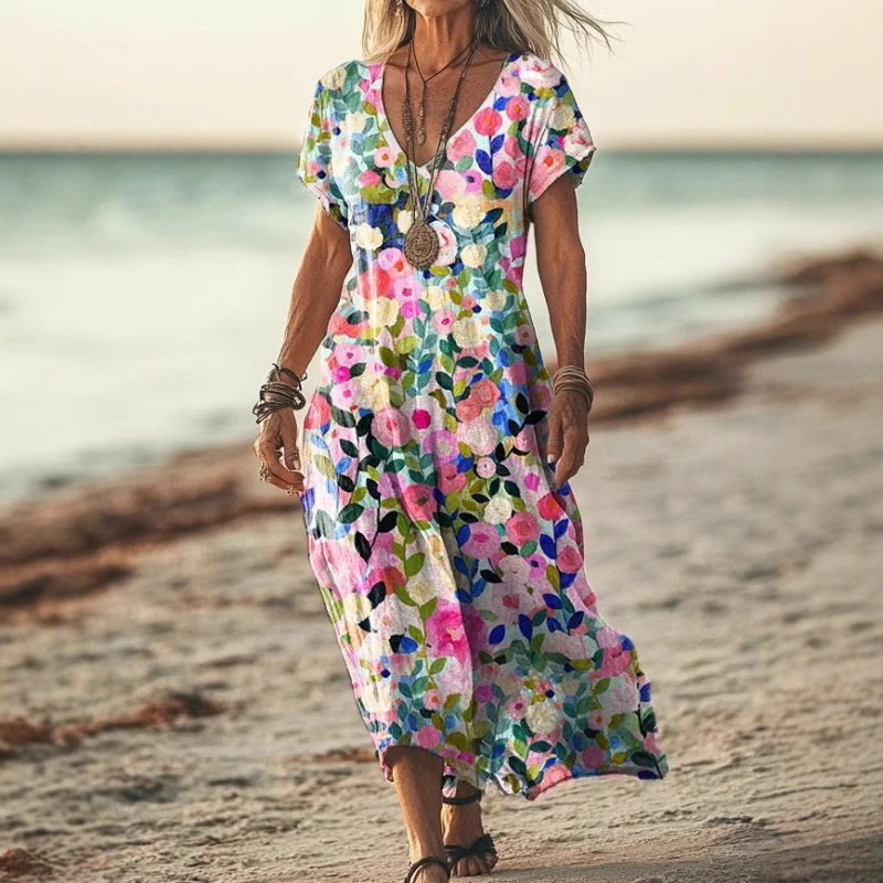 ✨Vestido de mujer con cuello en V y manga corta estampado-ES