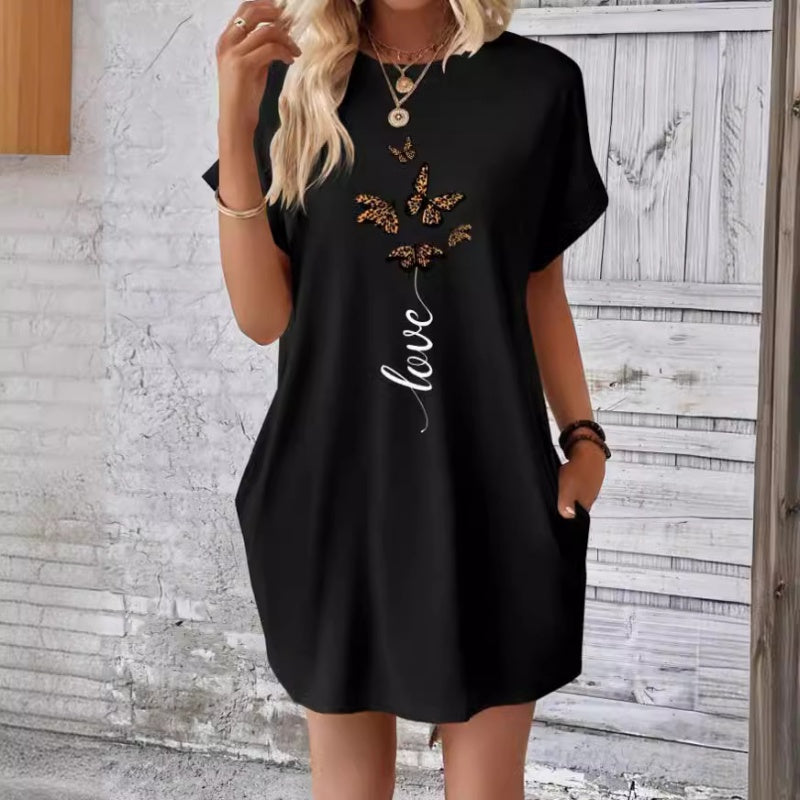💖Vestido casual con escote redondo y mariposas bordadas-ES