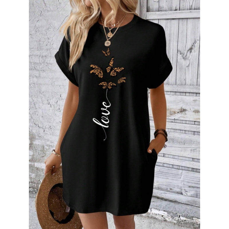 💖Vestido casual con escote redondo y mariposas bordadas-ES