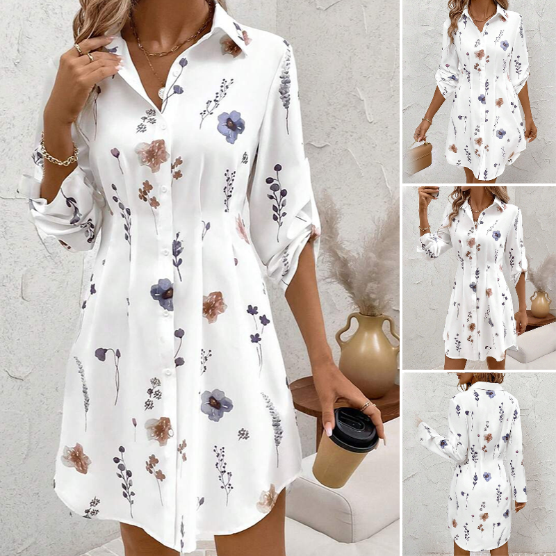 【S-XL】🌸Elegantiška gėlėta ilgomis rankovėmis A formos marškinių suknelė-LT