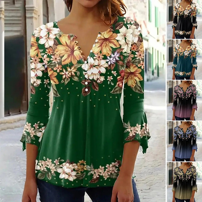 🔥Elegantni ženski top s cvjetnim uzorkom i V-izrezom-HR