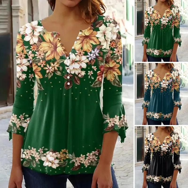 🔥Elegantni ženski top s cvjetnim uzorkom i V-izrezom-HR