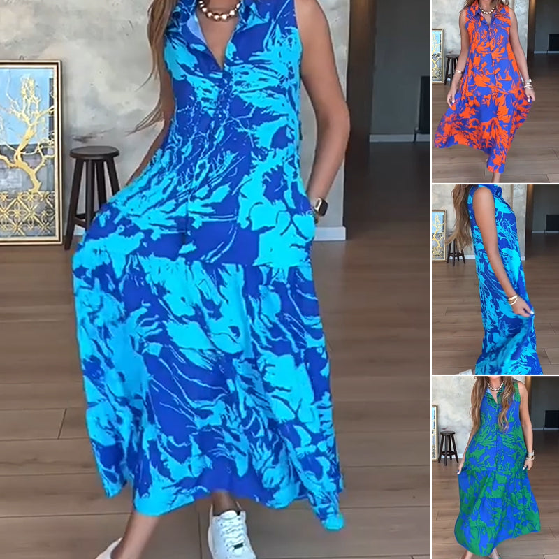 💃Ženske modne potiskane dolge obleke brez rokavov-SI