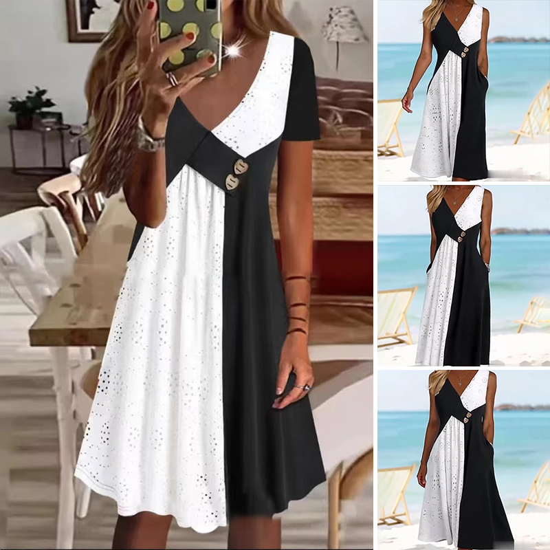 👗 Elegante vestido de mujer con escote corazón y moderno patchwork-ES
