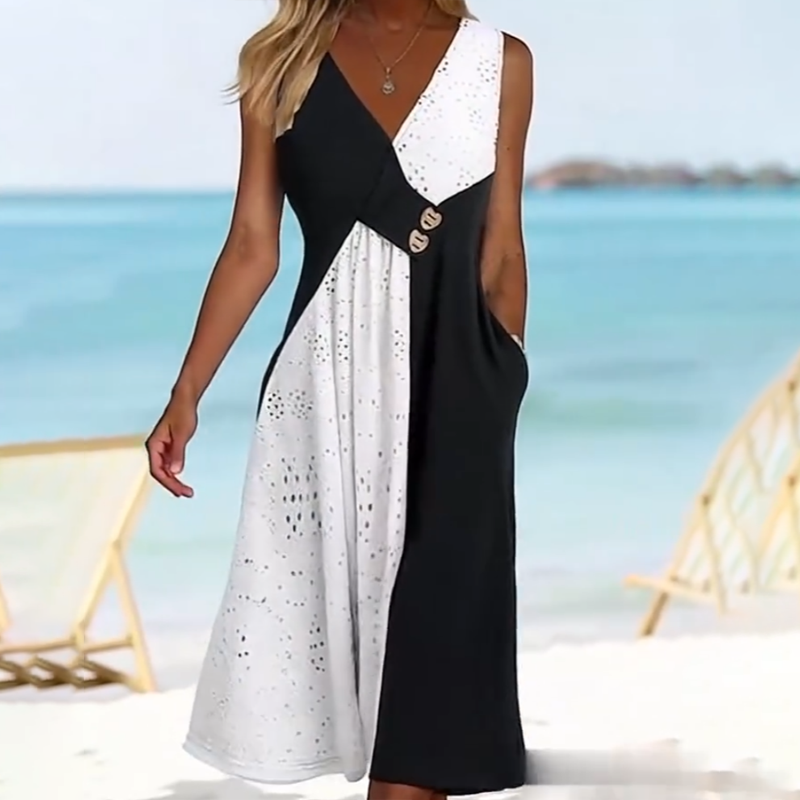 👗 Elegante vestido de mujer con escote corazón y moderno patchwork-ES