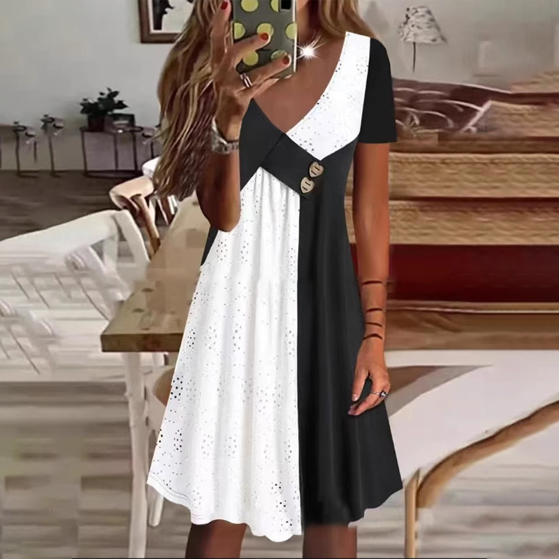 👗 Elegante vestido de mujer con escote corazón y moderno patchwork-ES