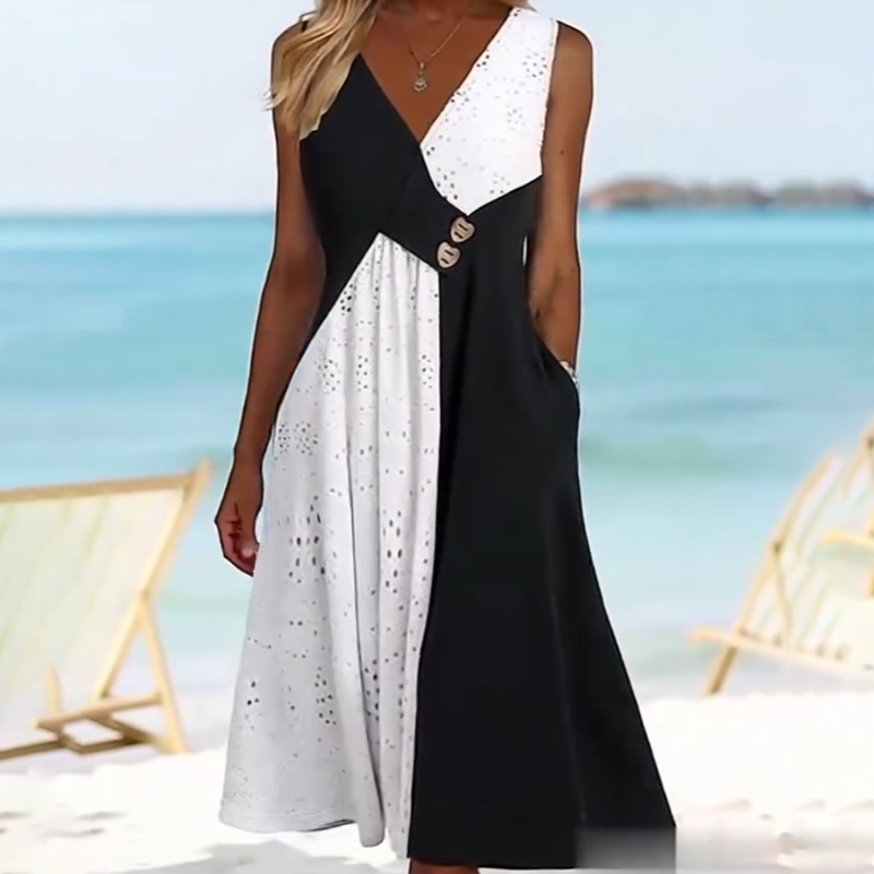 👗 Elegante vestido de mujer con escote corazón y moderno patchwork-ES