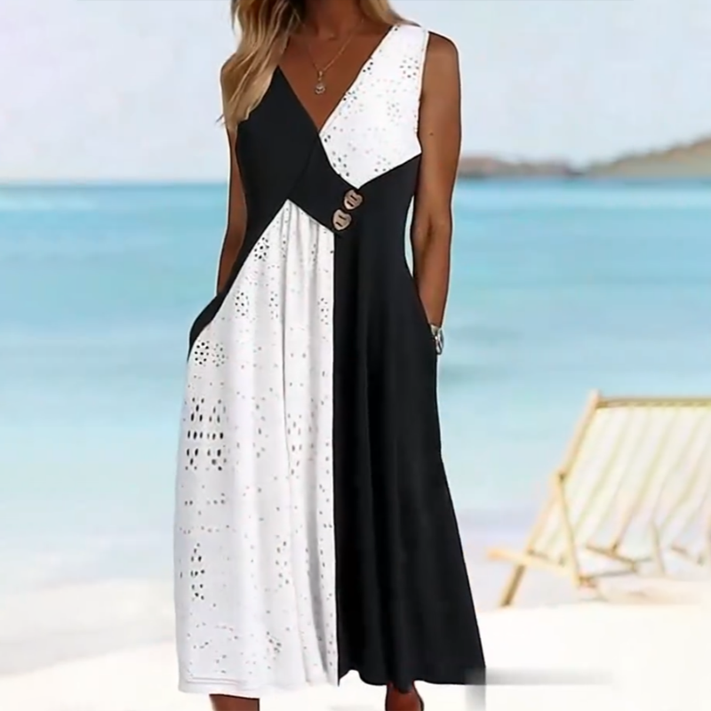 👗 Elegante vestido de mujer con escote corazón y moderno patchwork-ES