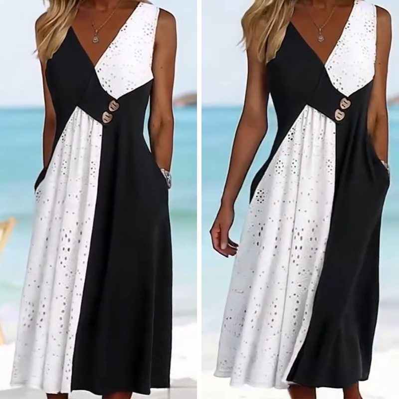 👗 Elegante vestido de mujer con escote corazón y moderno patchwork-ES