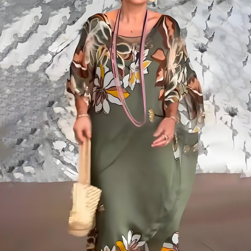 Elegantiška ilga šifono suknelė su raštais ir V formos iškirpte-LT