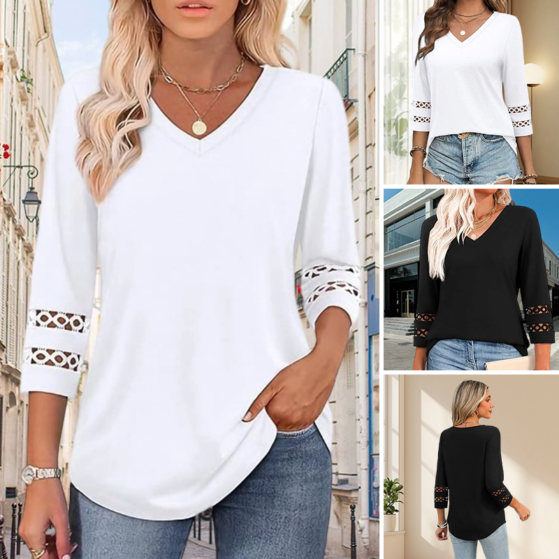 🌺[S-3XL]👚✨ Klasični enobarvni top z V-izrezom in 3/4 rokavi-SI