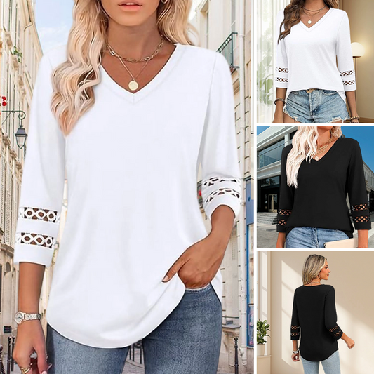 🌺[S-3XL]👚✨ Klasični enobarvni top z V-izrezom in 3/4 rokavi-SI
