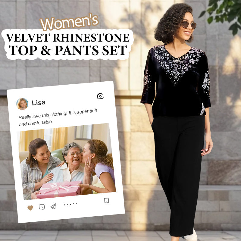 Conjunto de top y pantalón de terciopelo para mujer con pedrería--ES