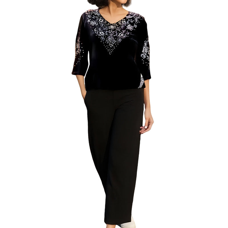 Conjunto de top y pantalón de terciopelo para mujer con pedrería--ES