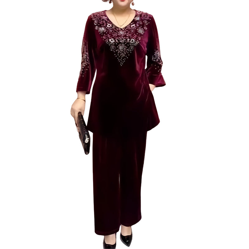 Conjunto de top y pantalón de terciopelo para mujer con pedrería--ES