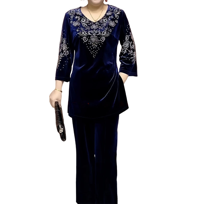 Conjunto de top y pantalón de terciopelo para mujer con pedrería--ES