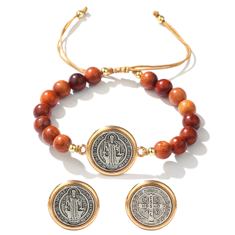 Unisex, ρυθμιζόμενο βραχιόλι Saint Benedict με ξύλινες χάντρες-GR