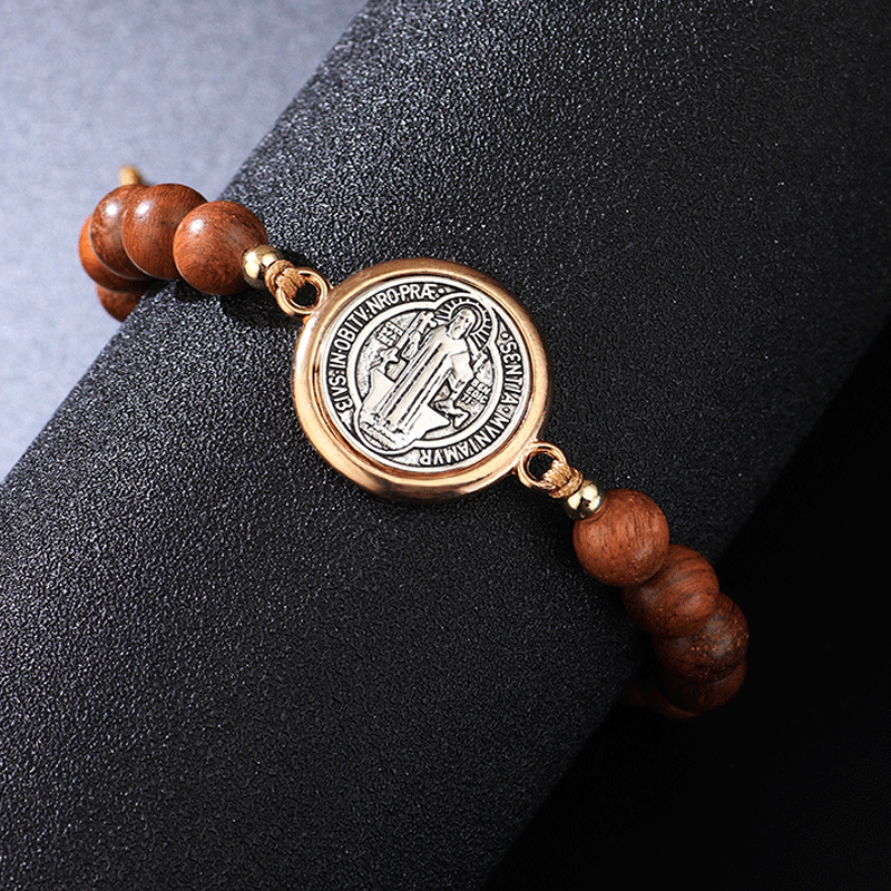 Unisex, ρυθμιζόμενο βραχιόλι Saint Benedict με ξύλινες χάντρες-GR