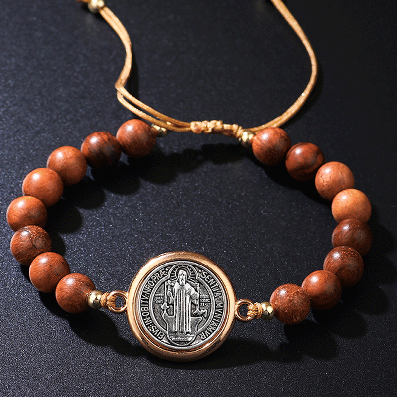 Unisex, ρυθμιζόμενο βραχιόλι Saint Benedict με ξύλινες χάντρες-GR