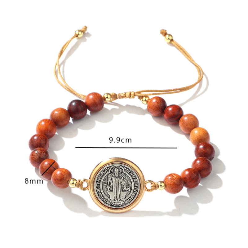 Unisex, ρυθμιζόμενο βραχιόλι Saint Benedict με ξύλινες χάντρες-GR