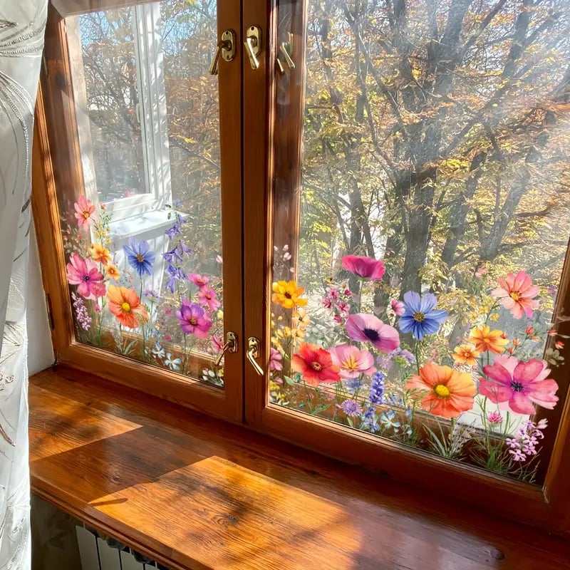 💎 Adhesivo para ventana colorido con motivo de ramo de flores: extraíble, de doble cara y recortable 🏡-ES