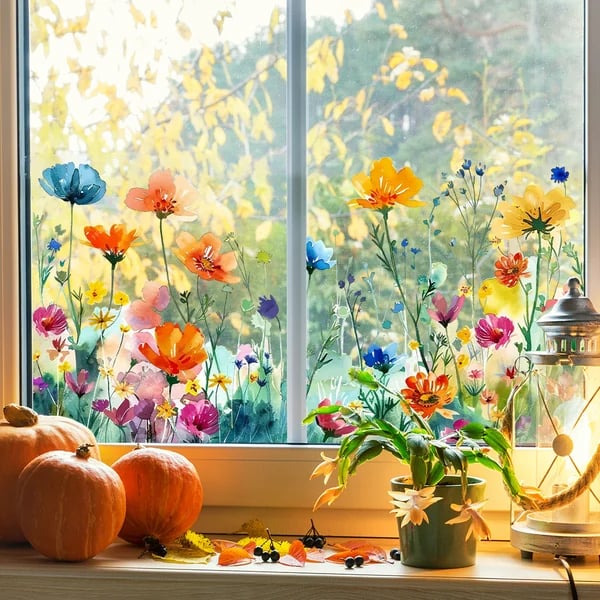 💎 Adhesivo para ventana colorido con motivo de ramo de flores: extraíble, de doble cara y recortable 🏡-ES
