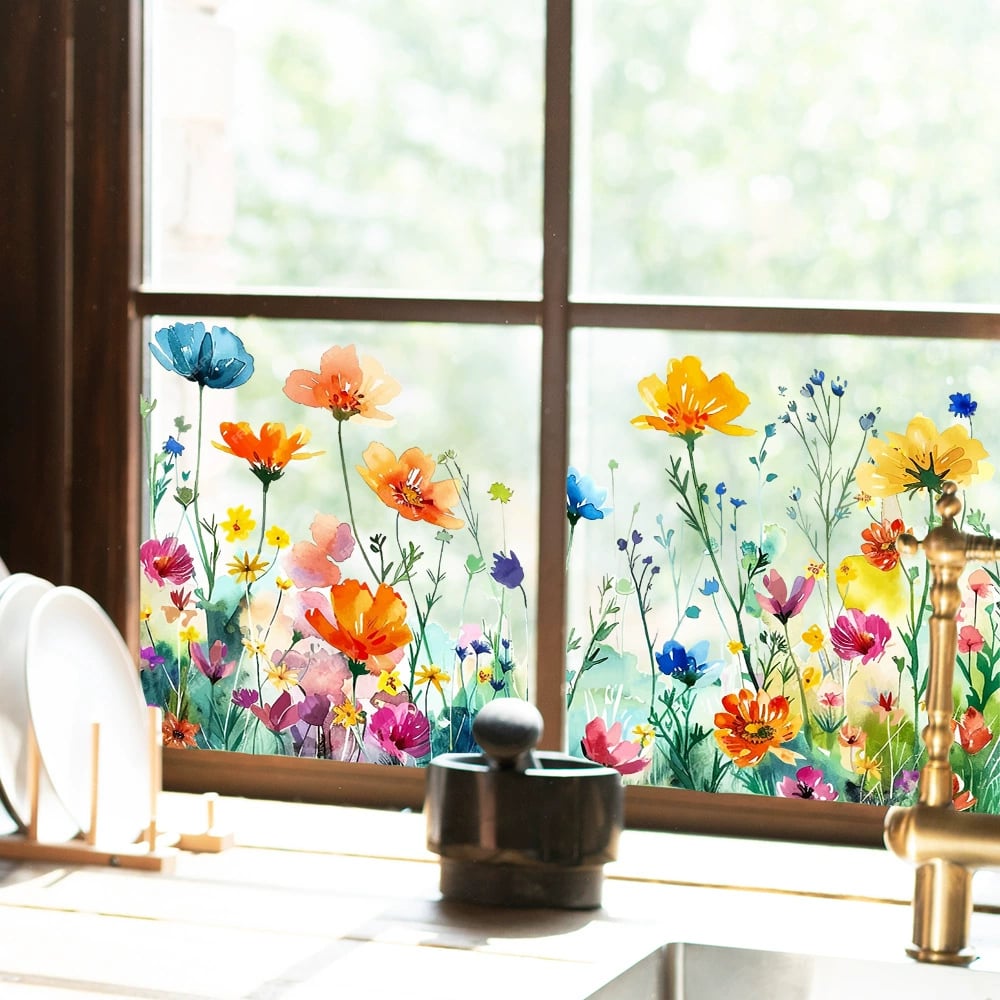 💎 Adhesivo para ventana colorido con motivo de ramo de flores: extraíble, de doble cara y recortable 🏡-ES