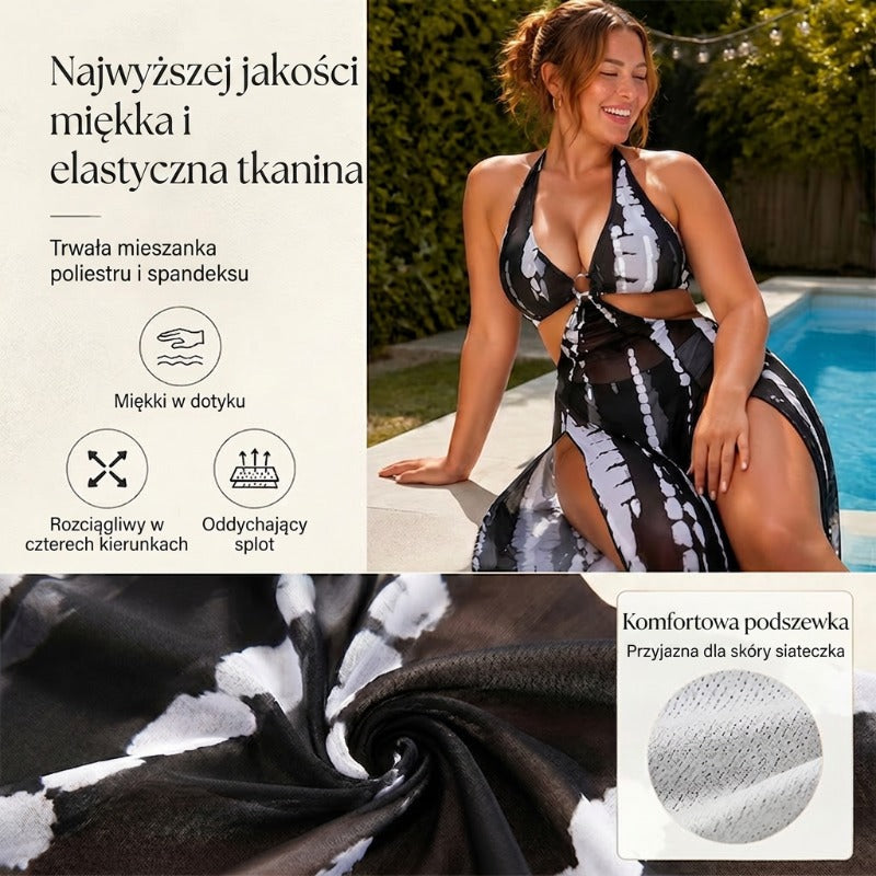 Dviejų dalių dryžuotas maudymosi kostiumėlis su raišteliu ir žiedų detalėmis-LT