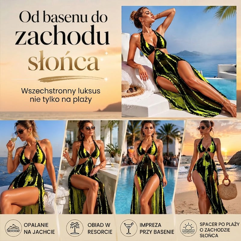 Dviejų dalių dryžuotas maudymosi kostiumėlis su raišteliu ir žiedų detalėmis-LT
